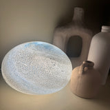 Hand crafted unique high quality glass lamps
Glass Pebble Hand-Blown Flat Round Lamp Dia25cm x H16cm
Design - Sand &amp; Sea / Light blue &amp; Grey colour swirls