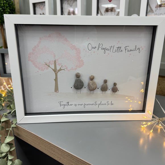 Pebble Art by La De Da Living 

Award winning keepsake gifts - Handmade in the Cotswolds 



Framed Pebble Art - White block frame 31.5cm
'Our Perfect Little Family... Together is our favourite place to be'