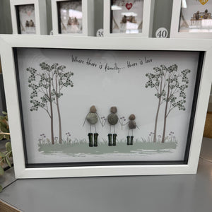 Pebble Art by La De Da Living&nbsp;

Award winning keepsake gifts - Handmade in the Cotswolds&nbsp;



Framed Pebble Art - White block frame 31.5cm
2 Pebble Adults &amp; 1 Pebble child;
'Where there is family... there is love'