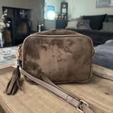 Faux Suede Cross Body Bag with Tassel - Dark Green