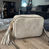 Faux Suede Cross Body Bag with Tassel - Camel