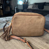 Faux Suede Cross Body Bag with Tassel - Brown