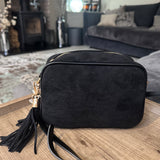 Faux Suede Cross Body Bag with Tassel - Black