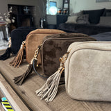 Faux Suede Cross Body Bag with Tassel - Camel