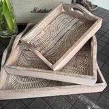 Distressed Whitewashed Wooden Rectangular Trays with handles either side and the inside has a leaf style pattern running through
Available 3 Sizes - Small 25cm, Medium 30cm &amp; Large 35cm