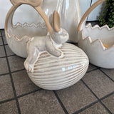 Glazed Neutral Ceramic Rabbit sat on a Easter Egg - 2 sizes
