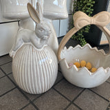 Glazed Neutral Ceramic Rabbit sat on a Easter Egg - 2 sizes
