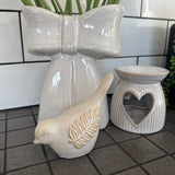 Ceramic Glazed neutral Bird Ornament With Texture Olive Branch detail H11cm&nbsp;