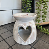 Ceramic Wax/Oil Burner 10cm in an off-white/neutral ribbed pattern and a cut out Heart Shape&nbsp;