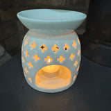 Large H13cm White Ceramic Wax Burner with Cross cut out design