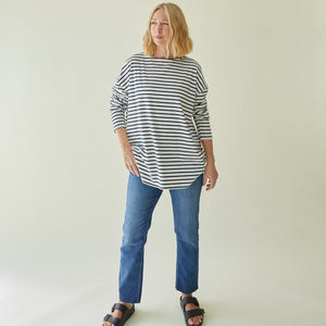 Chalk - Long Bryony Stripe loose fitting shape Top Colour - Navy *NEW*