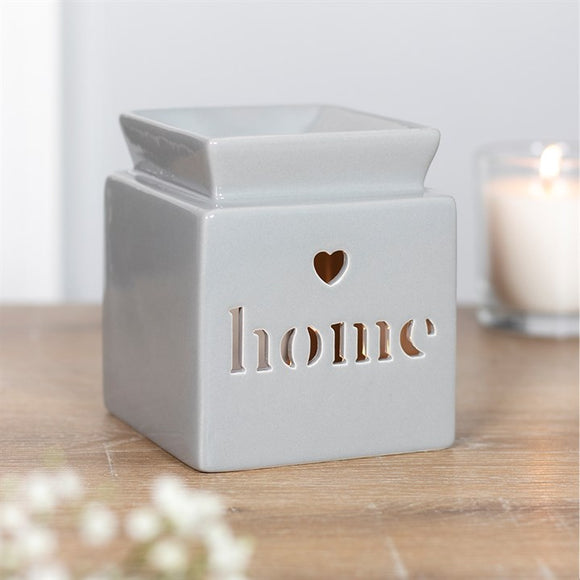 Light Grey Ceramic Wax / Oil Burner H11.5cm Features cutout heart & 'Home' text 
