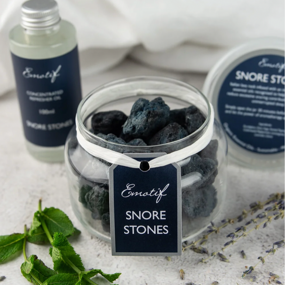 Aromatherapy Snore Stones Natural volcanic rock (responsibly collected from Mount Etna) infused with a complex blend of 9 natural essential oils, selected specifically to combat the age old problem of snoring and deliver a restful, restorative night's sleep. 