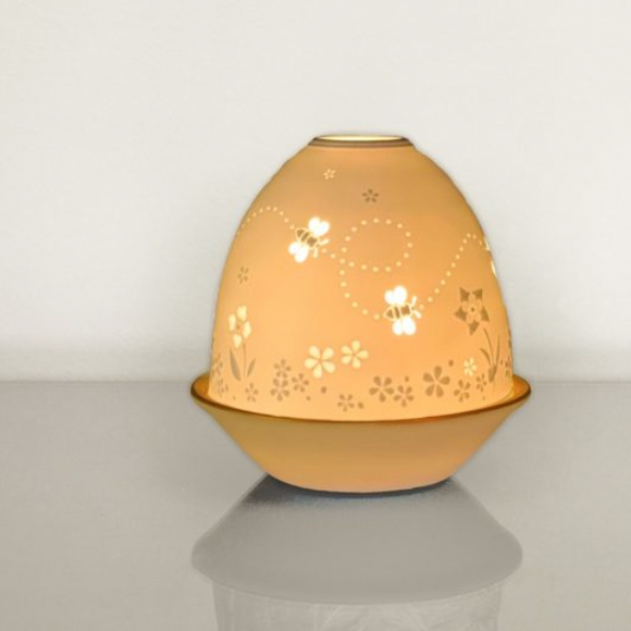 Light Glow Lithophane Oval Dome H10.6cm T-Light Candle Holder Busy Bees Design