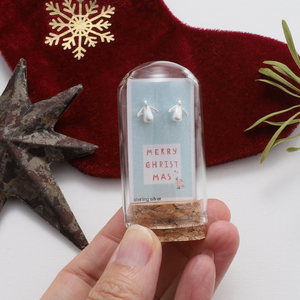 Attic Creations - giftings life's precious moments since 2010;    Message in a Bottle Sterling Silver Earrings handmade in Devon Christmas Collection - Silver Penguin shaped stud earrings Quote on the card - 'Merry Christmas'