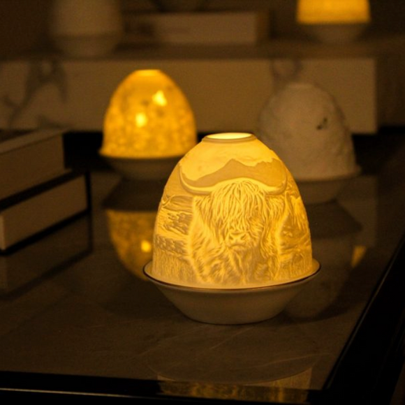 Light Glow - Home; supply the best designs & the highest quality products
White Ceramic Lithophane Oval Dome H10.6cm T-Light Candle Holder 
Design - Highland Cows