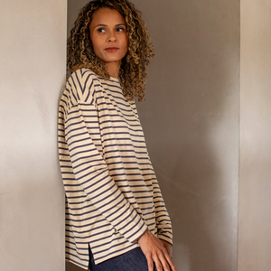 Chalk - Long Bryony Grey/Cream Stripe Top