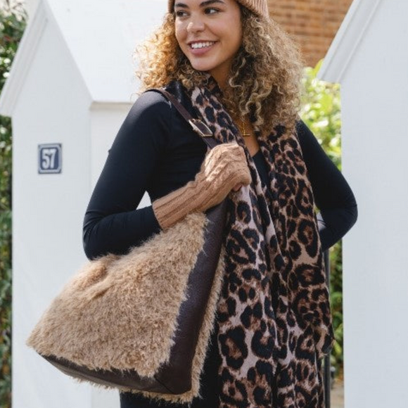 Faux Fur Bag with leather detail & strap - Mocha Mousse