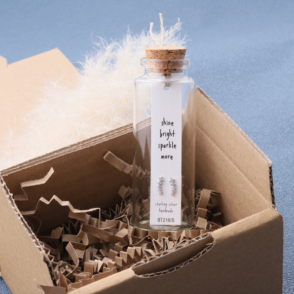 Message in a Bottle Sterling Silver Stud Earrings handmade in Devon
Style - Beautiful sterling silver diamante hanging stud earrings
Quote on the card - 'Shine bright sparkle more'