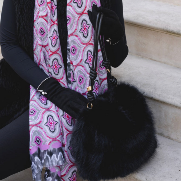 Faux Fur Bag with knotted detailed straps - Ebony Black