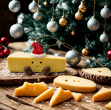 Fun Christmas ceramic Hanging Decoration
Block of Brie Cheese wearing a Santa's hat and smiling face