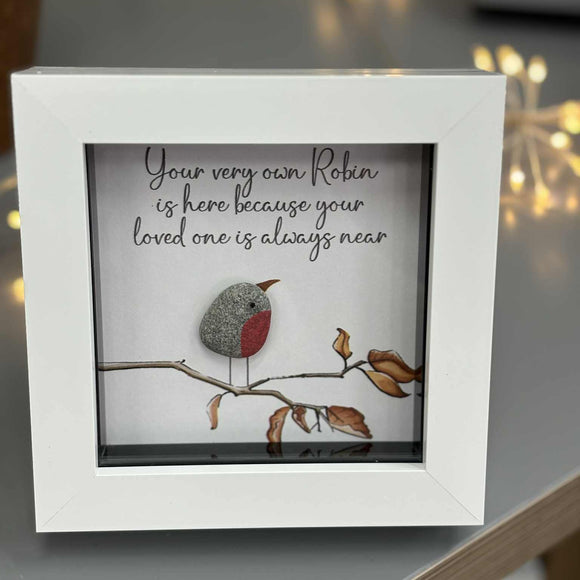 Mini Framed Pebble Art - 'Your very own Robin is here...'