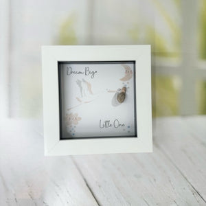 Mini Framed Pebble Art -White block square frame 12.5cm 'Makes a lovely gift for a baby shower, new born or christening to deliver the meaningful well-known phrase 'Dream Big Little One' with a soft image of a stork flying towards the moon & stars with a pebble bundled baby