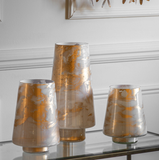 Hurricane Candle Holder White & Gold - hese glass hurricane lamps have a gold and white marble effect on the outside to create a real luxury finish. An ambient glow is emitted when used with a candle.
