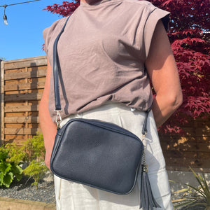 Navy Faux Leather Cross Body Bag with Tassel L21cm