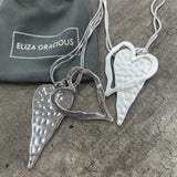 Eliza Gracious quality - affordable design led branded costume jewellery. Long Double Heart Necklace on a Twin Snake Chain *Best Selling* Available in Matt Silver, Rose Gold & Shiny Silver EN0193
