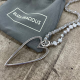 Eliza Gracious Long Freshwater Pearl Necklace with Open Heart Pendant Available in Light Grey or Cream Pearl