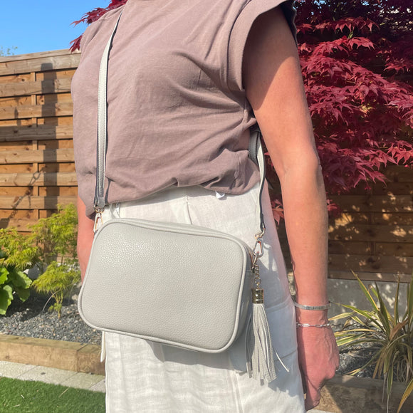 Light Grey Faux Leather Cross Body Bag with Tassel L21cm