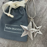 Eliza Gracious Long Twin Snake Chain Necklace with Twin Star Pendant Available in Matt Silver or Pale Gold
