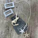Eliza Gracious Long Beaded Star Chain Necklace Available in Matt Silver with Light Grey Beads or Pale Gold with Dark Grey Beads