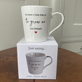 Fine China gift boxed fun quotable Mug; 'It takes a long time to grow an old friend!' 