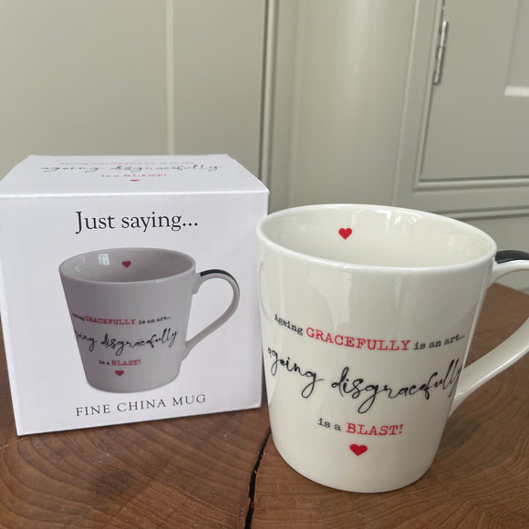 Fine China gift boxed fun quotable Mug; 'Ageing gracefully is an art... ageing disgracefully is a BLAST!' 