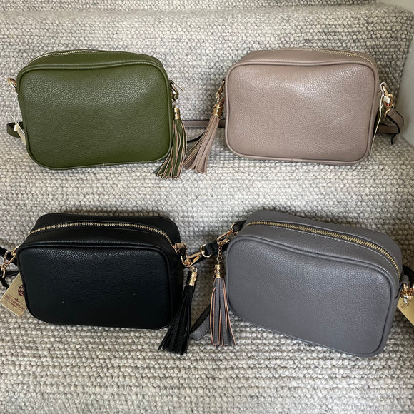 Faux Leather Cross Body Bag with Tassel - Olive