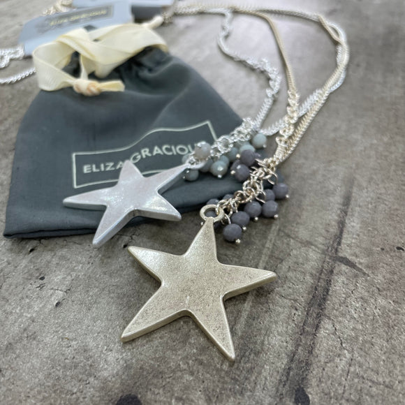 Eliza Gracious Long Beaded Star Chain Necklace Available in Matt Silver with Light Grey Beads or Pale Gold with Dark Grey Beads