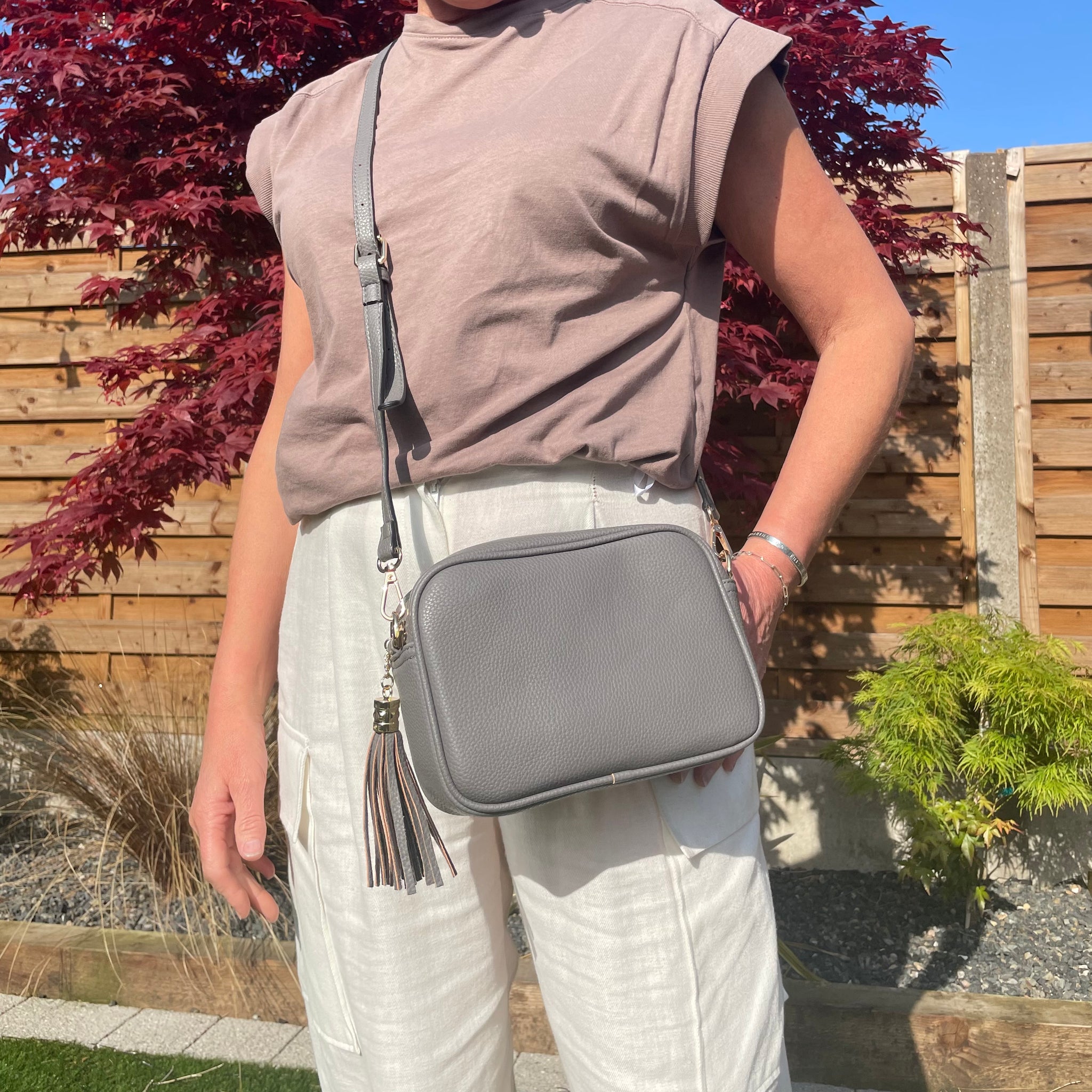 Faux Leather Cross Body Bag with Tassel Dark Grey The Life Store Brigg