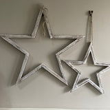 Set of 2 Antique White Hanging Wooden Open Stars  Large 62cm & Small 39cm