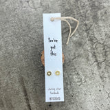 A sweet set of sunshine earrings beautifully presented in a message bottle on a card that reads "You've got this"  Sterling Silver available in Gold & Silver - pictured here is gold