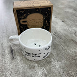 Ceramic T-Light Holder with loving quote: 'Happy days are here to stay' Lovely small gift idea for that special someone to show them you are thinking about them in a simple yet beautiful way. Decorated with branches & hearts all around and a handle at the side.