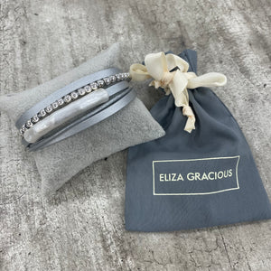 Eliza Gracious EB0443 -Multi leather strap bracelet with bar & beads and a magnetic fastener in Pale Grey with silver detail and Dark Grey with pale grey
