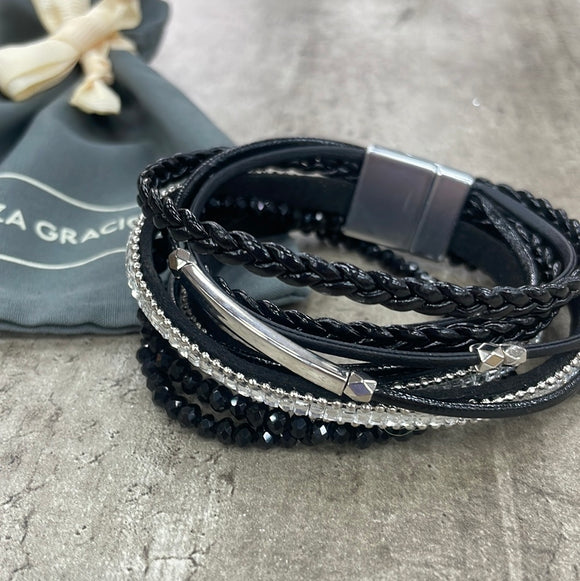 Eliza Gracious - Black Wrap & Silver Bracelet with Magnetic Fastening