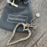 Eliza Gracious Long Chunky Open Heart Necklace with Diamond Charm Available in Matt Silver & Pale Gold