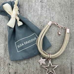 Eliza Gracious EB0342 -Multi Leather Stranded Bracelet with Twin Star Charms - Beige & Black