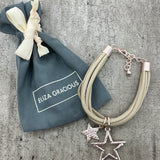 Eliza Gracious - Leather Stranded Bracelet with Twin Star Charms - Beige