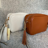 Faux Leather Cross Body Bag with Tassel - Light Grey