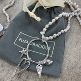 Eliza Gracious Long Freshwater Pearl Necklace with Multi-Charm Pendant Available in Light Grey or Cream Pearl