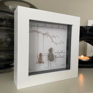 Mini Framed Pebble Art - White block square frame 12.5cm 'A grandparent has silver in their hair and gold in their heart'